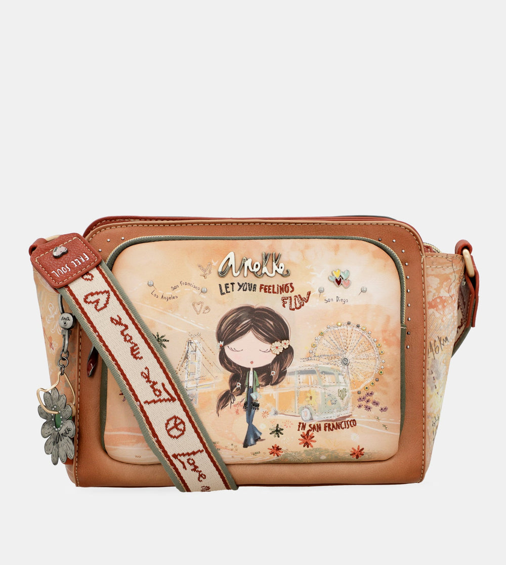 Peace & Love camel rectangular crossbody bag