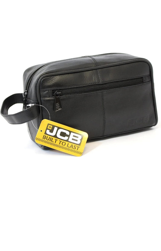 JCB - Black Genuine Leather Travel Wash Bag - Zipped Travel Bags for Men - Trave