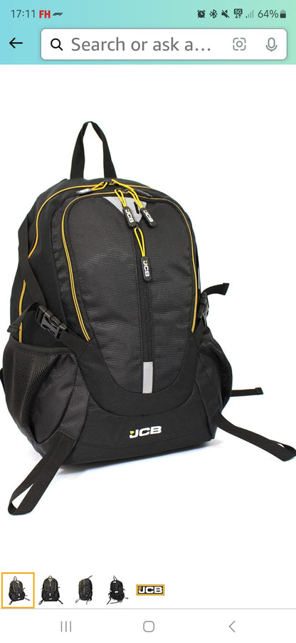 JCB Backpack Black Travel Bag - Rucksack Work Bag, Work, School, Under Seat Bag